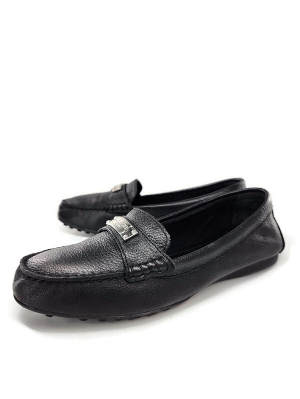 Coach Fredrica Black Soft Pebbled Leather Silver Logo Plate Slip-On Loafer Flats